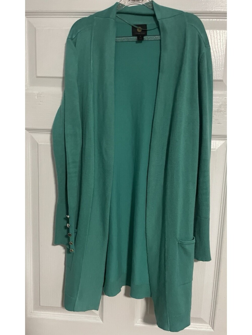 JM Collection Women Long Cardigan Sweater Sz M Button  Teal Abyss Green